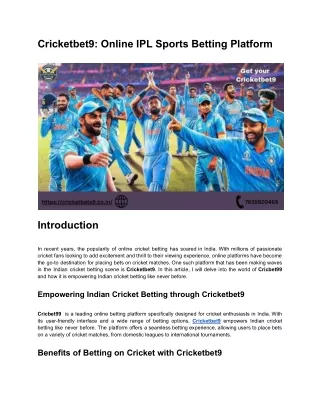 Cricketbet9 Online IPL Sports Betting Platform