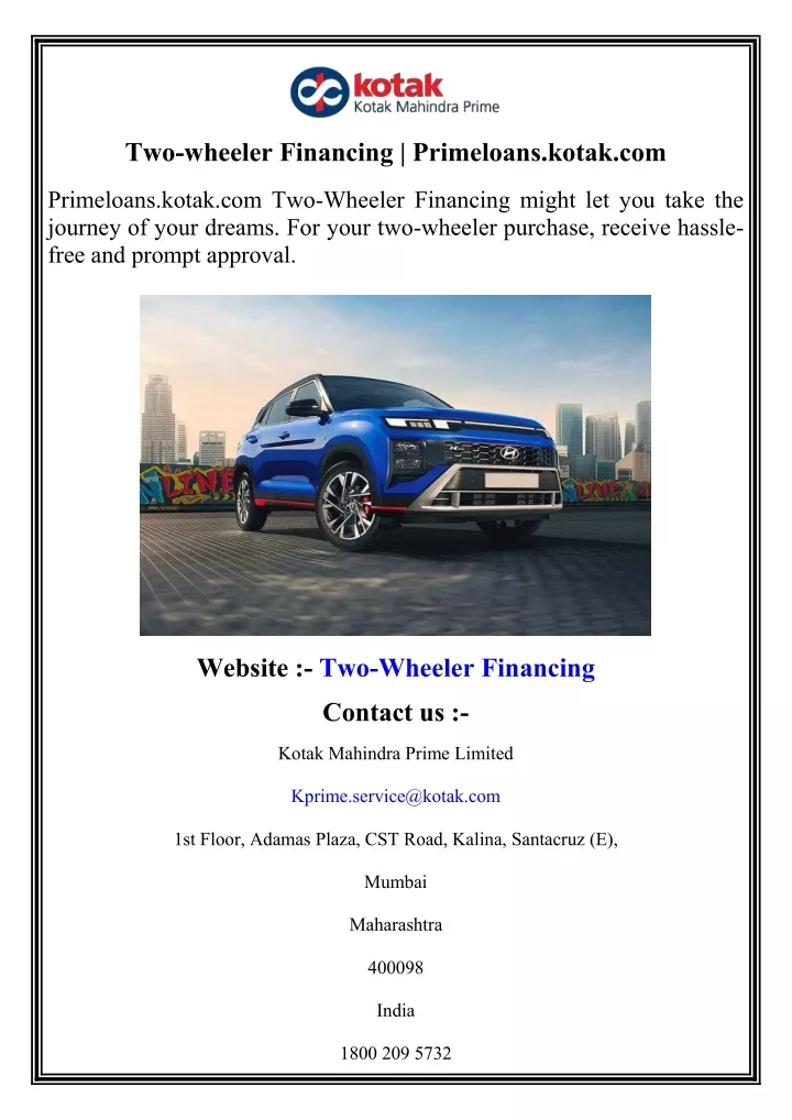 two wheeler financing primeloans kotak com