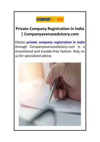 Private Company Registration In India  Companyavenueadvisory.com