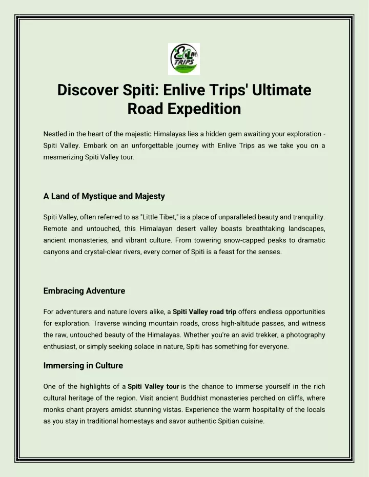 discover spiti enlive trips ultimate road