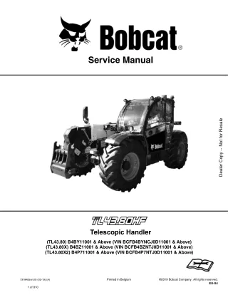 Bobcat (TL43.80) Telescopic Handler Service Repair Manual SNB4BY11001 & Above