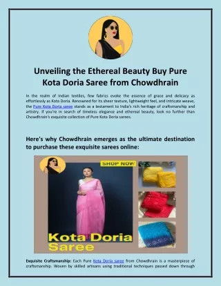 Unveiling the Ethereal Beauty Buy Pure Kota Doria Saree from Chowdhrain