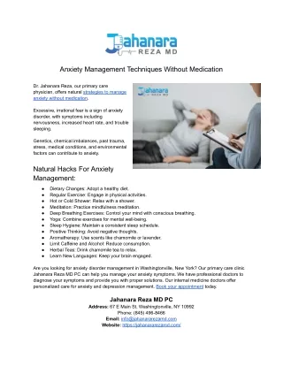 Anxiety Management Techniques Without Medication - Jahanara Reza MD PC