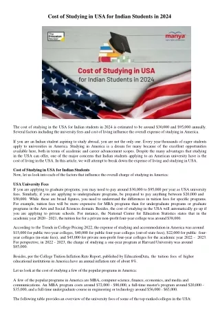 Cost of Studying in USA for Indian Students in 2024