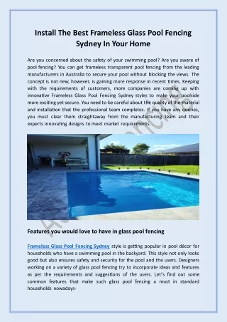 Install The Best Frameless Glass Pool Fencing Sydney In Your Home