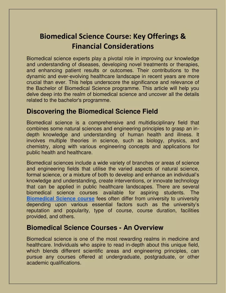 biomedical science course key offerings financial