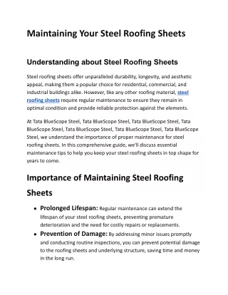 Maintaining Your Steel Roofing Sheets - Tata BlueScope Steel