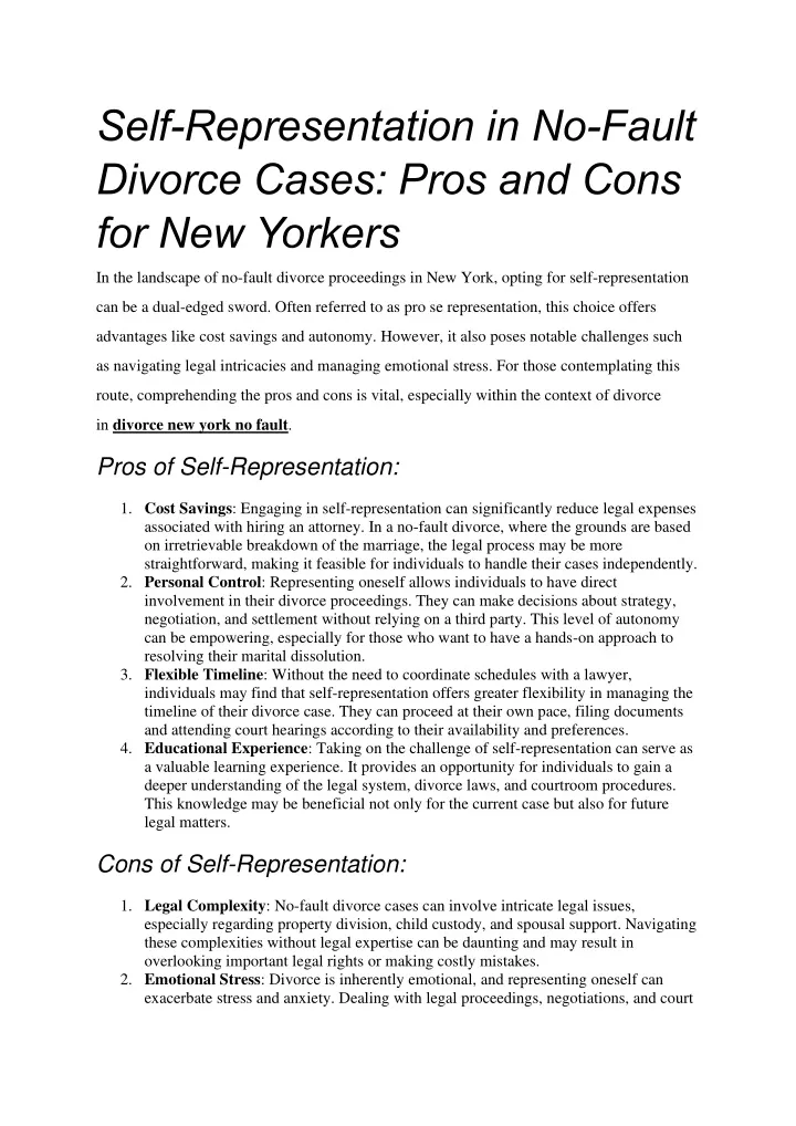self representation in no fault divorce cases
