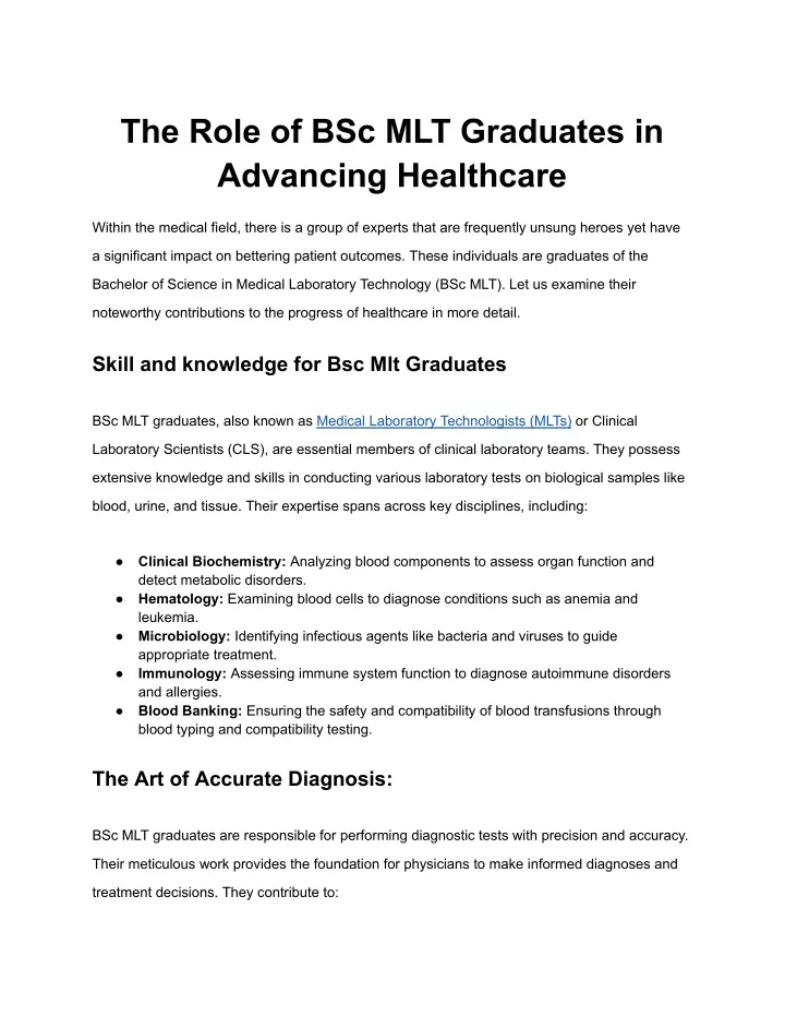 the role of bsc mlt graduates in advancing