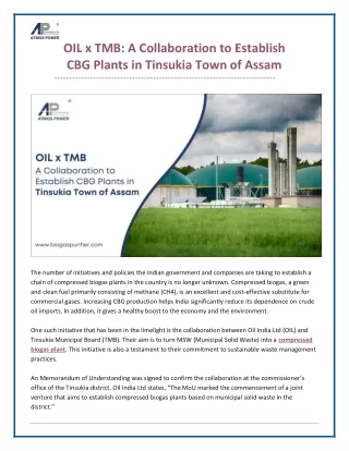 OIL x TMB- A Collaboration to Establish CBG Plants in Tinsukia Town of Assam