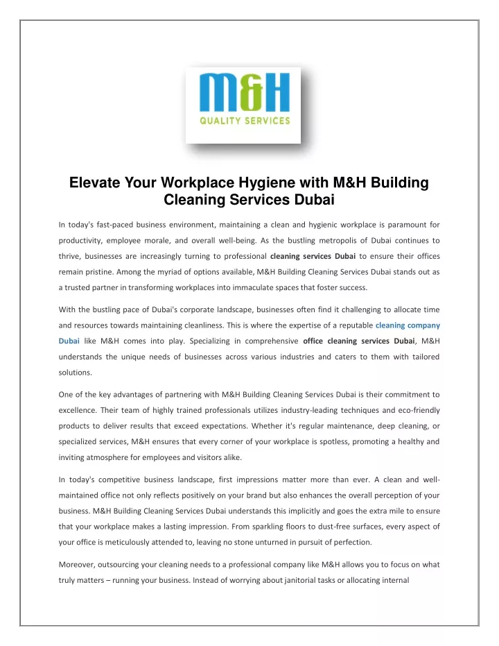 elevate your workplace hygiene with m h building