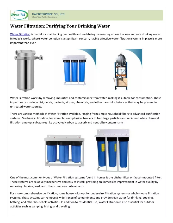 water filtration purifying your drinking water