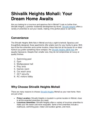 Shivalik Heights Mohali: Your Dream Home Awaits