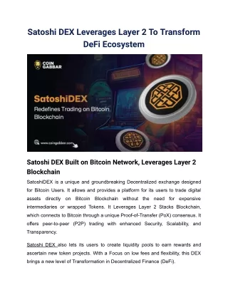 Satoshi DEX Leverages Layer 2 To Transform DeFi Ecosystem