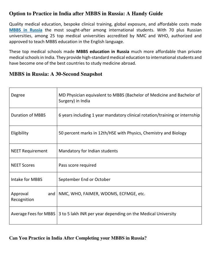 option to practice in india after mbbs in russia