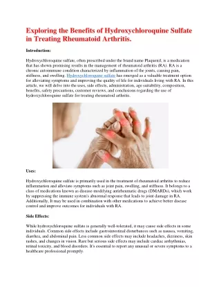 Exploring the Benefits of Hydroxychloroquine Sulfate in Treating Rheumatoid Arthritis
