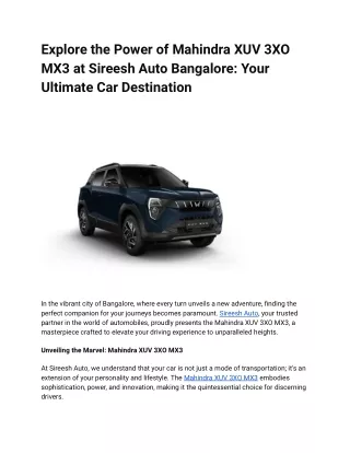 Explore the Power of Mahindra XUV 3XO MX3 at Sireesh Auto Bangalore_ Your Ultimate Car Destination