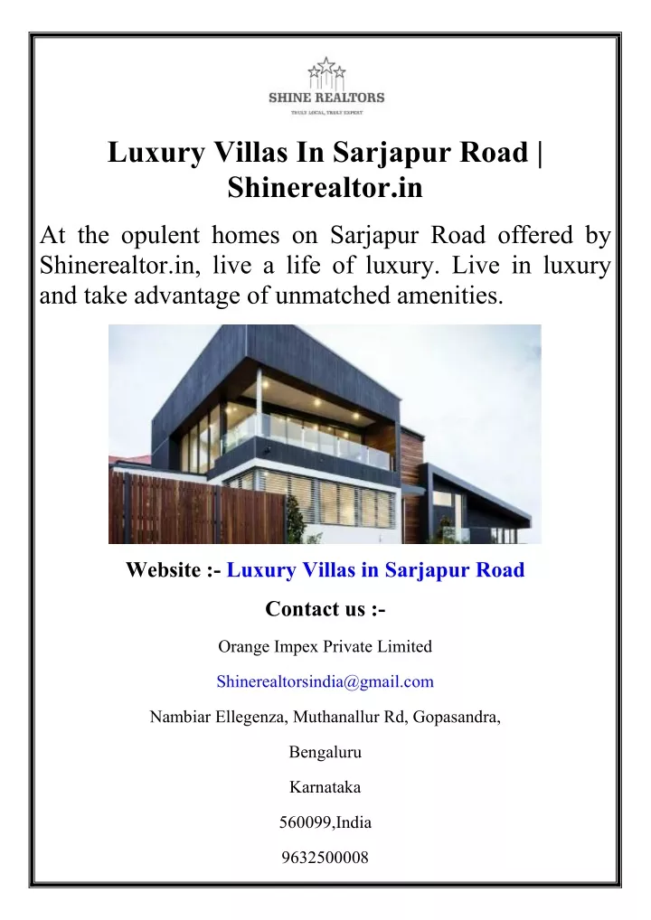 luxury villas in sarjapur road shinerealtor in