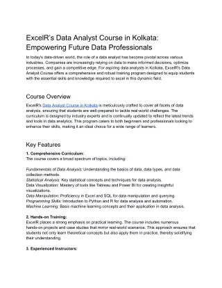 ExcelR’s Data Analyst Course in Kolkata: Empowering Future Data Professionals
