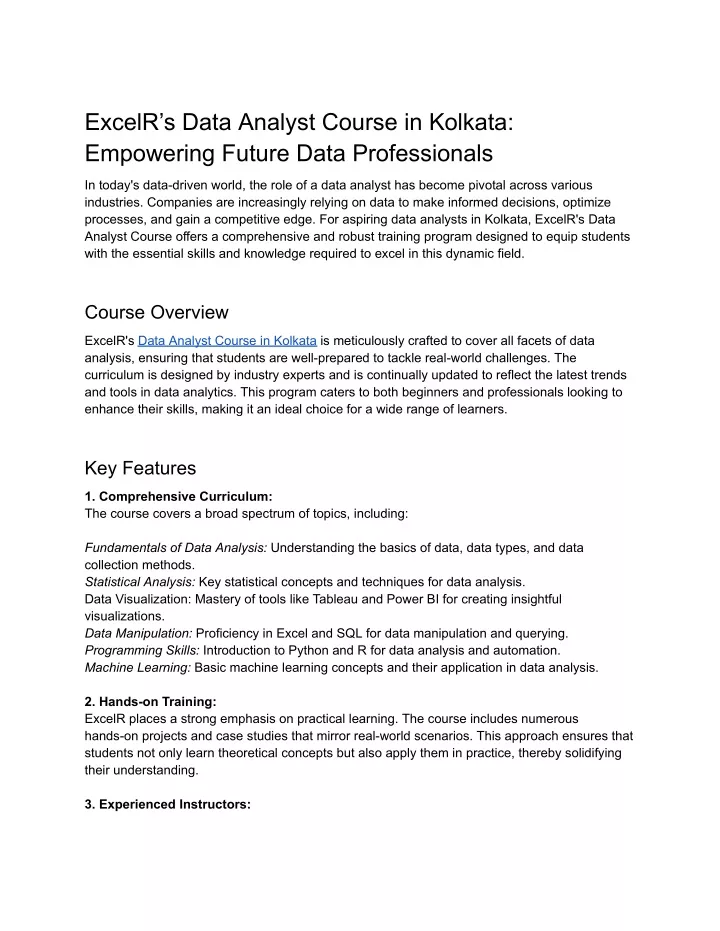 excelr s data analyst course in kolkata