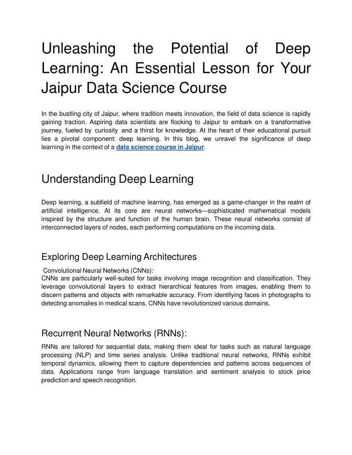 unleashing the potential of deep learning an essential lesson for your jaipur data science course