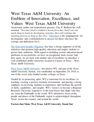 West Texas A&M University: An Emblem of Innovation, Excellence, and Values  West