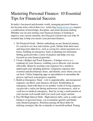 Mastering Personal Finance: 10 Essential Tips for Financial Success