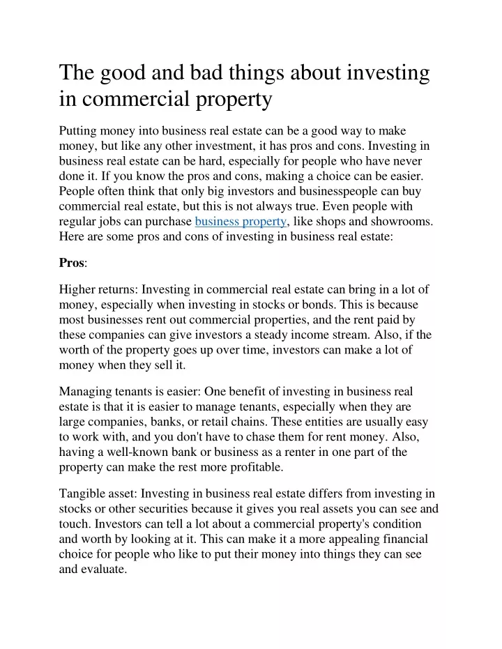 the good and bad things about investing in commercial property