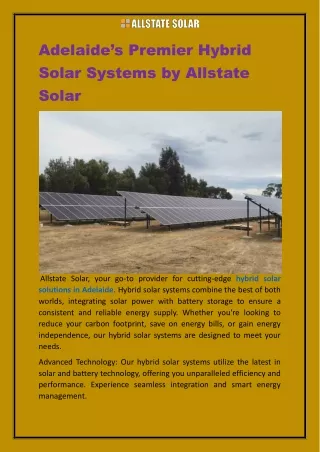 Adelaide s Premier Hybrid Solar Systems by Allstate Solar