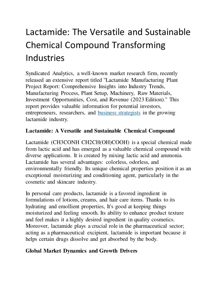 lactamide the versatile and sustainable chemical