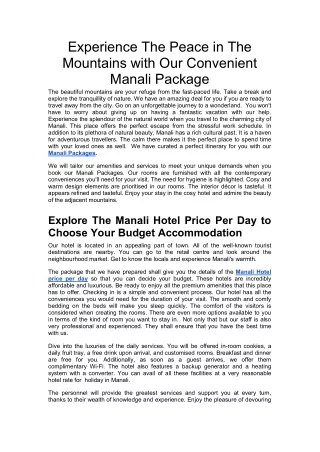 Experience The Peace in The Mountains with Our Convenient Manali Package