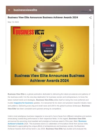 Business View Elite Announces Business Achiever Awards 2024