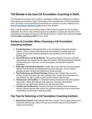 Tsd Elevate is the best CA Foundation Coaching in Delhi.