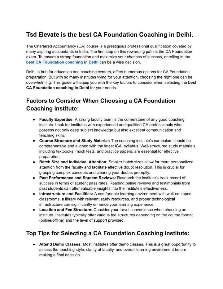 tsd elevate is the best ca foundation coaching