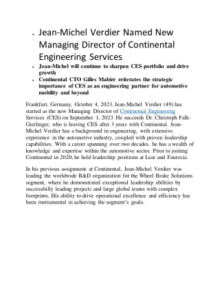 Jean-Michel Verdier Named New Managing Director of Continental Engineering Servi