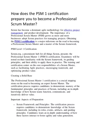 How does the PSM 1 certification prepare you to become a Professional Scrum Master