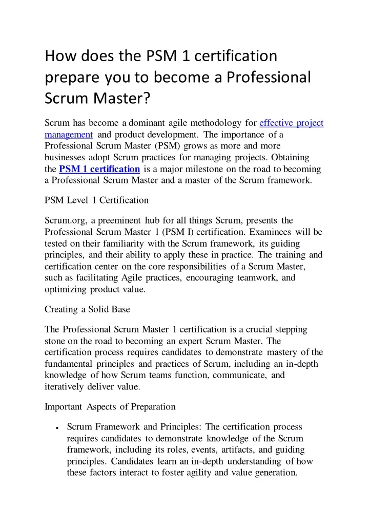 how does the psm 1 certification prepare