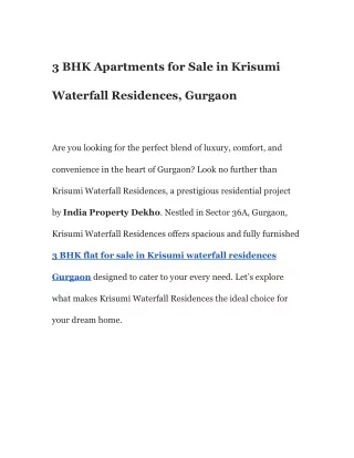 3 BHK flat for sale in Krisumi waterfall residences Gurgaon