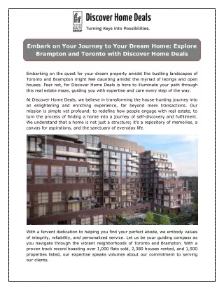 Embark on Your Journey to Your Dream Home - Explore Brampton and Toronto with Discover Home Deals
