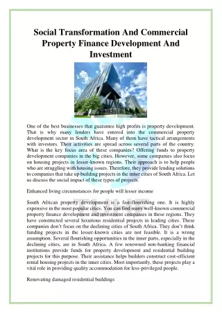 Social Transformation And Commercial Property Finance Development And Investment