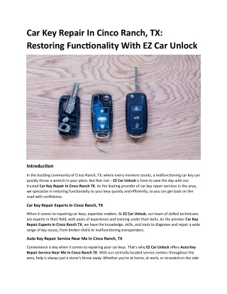 Car Key Repair In Cinco Ranch, TX Restoring Functionality With EZ Car Unlock
