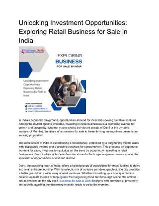 Unlocking Investment Opportunities: Exploring Retail Business for Sale in India