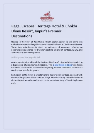 Regal Escapes: Heritage Hotel & Chokhi Dhani Resort, Jaipur's Premier Destinatio