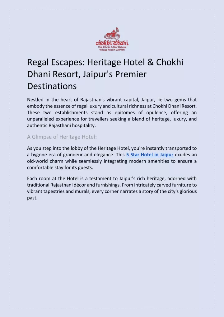 regal escapes heritage hotel chokhi dhani resort