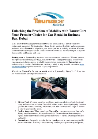 Unlocking the Freedom of Mobility with TaurusCar Your Premier Choice for Car Rental in Business Bay, Dubai