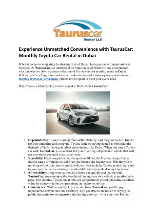 Experience Unmatched Convenience with TaurusCar Monthly Toyota Car Rental in Dubai