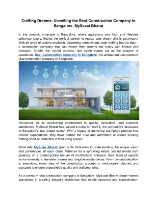 Crafting Dreams -  Unveiling the Best Construction Company In Bangalore, MyScaai Bharat