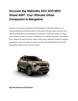Discover the Mahindra XUV 3OO MX3 Diesel AMT_ Your Ultimate Urban Companion in Bangalore