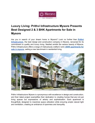 Luxury Living_ Prithvi Infrastructure Mysore Presents Best Designed 2 & 3 BHK Apartments for Sale in Mysore