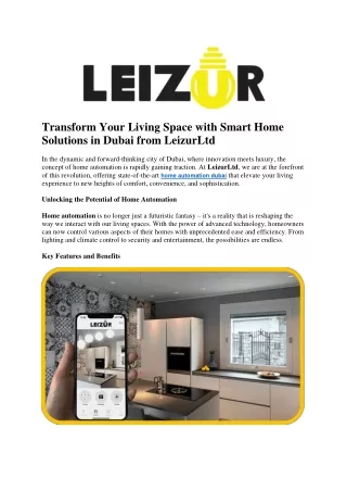 Transform Your Living Space with Smart Home Solutions in Dubai from LeizurLtd